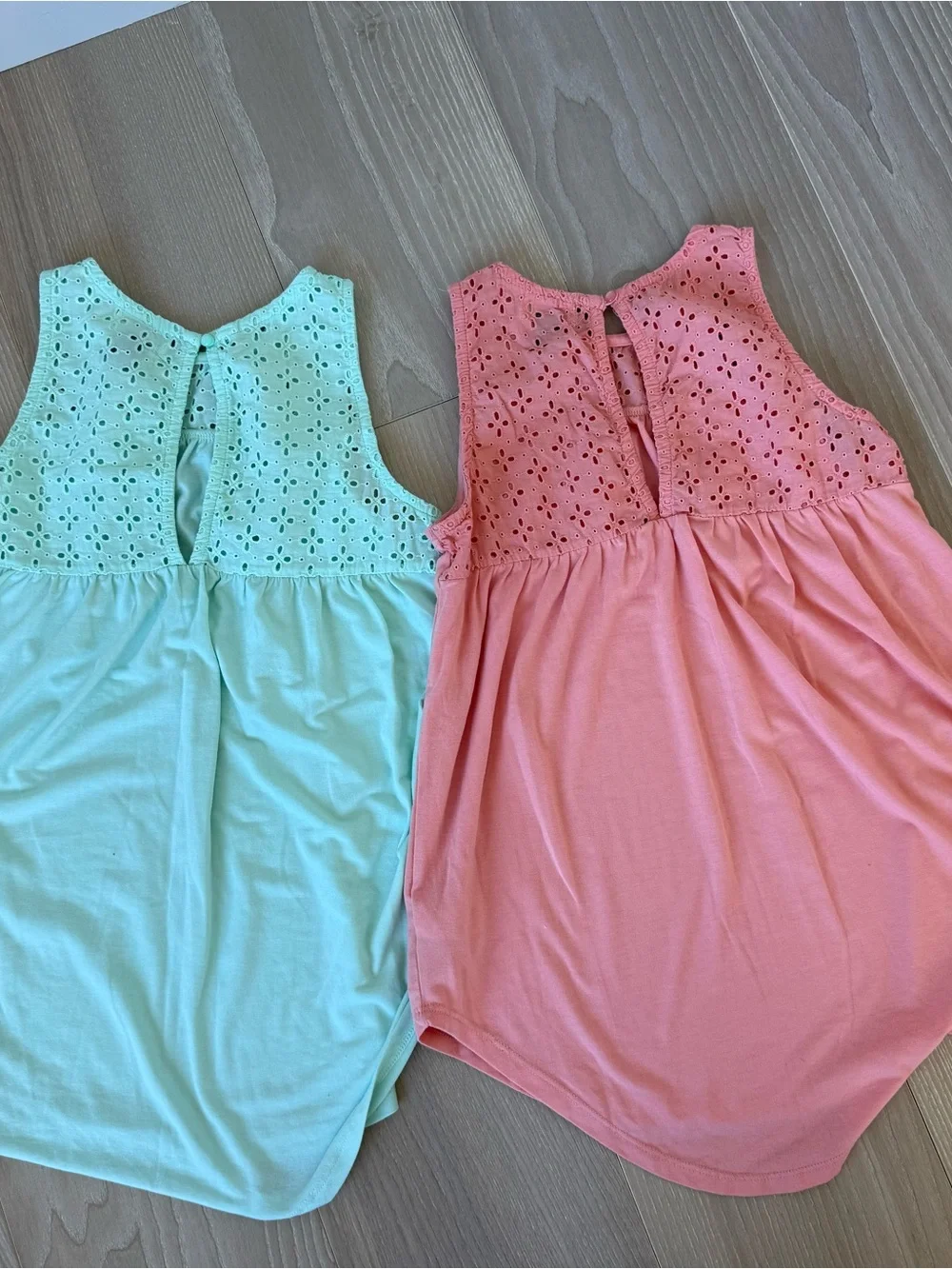 Old Navy Mint and Coral Sleeveless Eyelet Yoke Tank Tops